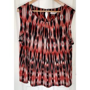 Women's Calvin Klein Abstract Red+ Sleeveless Ruched Neck‎ Blouse Shirt Size 2X